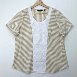 C. Wonder Womens Size Medium Short Sleeve Striped Top with Eyelet Detail Khaki